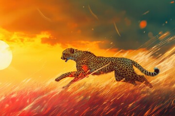 Surreal digital painting of cheetah running through field at dusk with dramatic sunset colors and abstract light trails