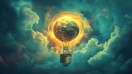 Surreal digital painting of floating light bulb with Earth inside, swirling winds and clouds symbolizing balance of nature and innovation
