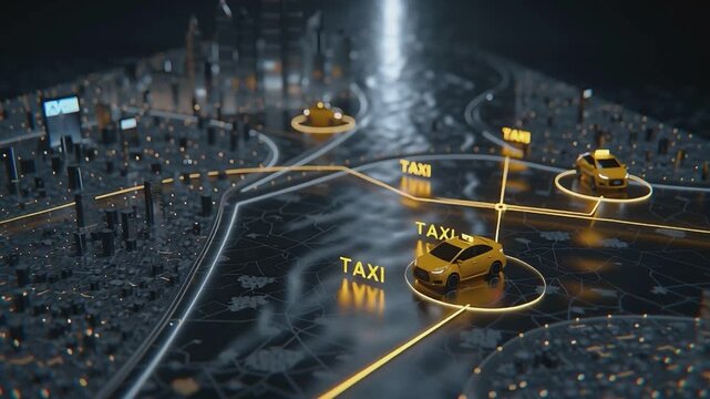 Smart Taxi Navigation in the Digital City: A conceptual depiction of modern taxi service, with illuminated paths and digital interface, showcasing the efficiency of smart city technology. 