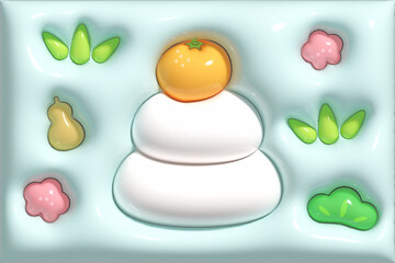 ぷっくり3Dの鏡餅のイラスト　お正月