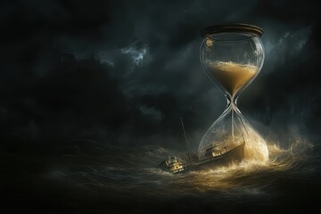 Surreal digital painting of hourglass with water, sinking ship, fleeting nature of existence, dark moody tones