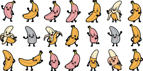 Cartoon banana character collection with various emotions and colors on white background