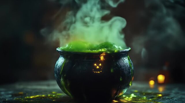 Eerie green potion bubbling in a dark cauldron spooky warm light halloween scene