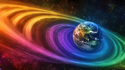 Surreal digital painting of Earth with glowing rings viewed from satellite, vibrant auroras and cosmic dust in outer space