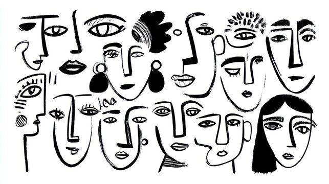 Artistic composition of black and white abstract faces in line art style