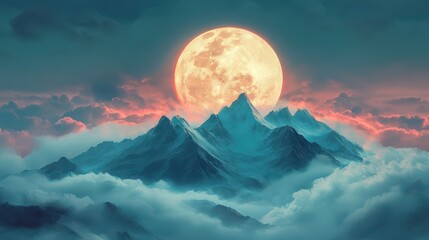 Surreal digital painting of glowing mountain peaks under giant moon with soft clouds in fantastical otherworldly scene