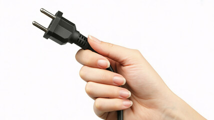 Hand holding a black electrical plug ready for connection, symbolizing power, energy, and technology integration for modern solutions