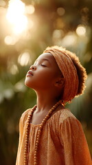 African girl outdoors wearing traditional head beads  meditating in nature with closed eyes at sunset  