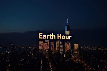 Typography logo of “Earth Hour” forming a skyline, letters gradually darkening to symbolize turning off city lights