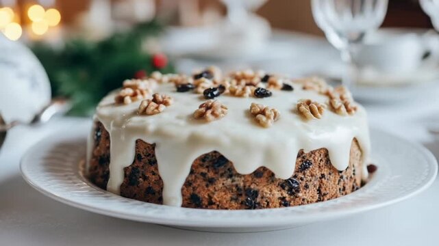 Rich fruitcake topped with a creamy glaze and walnuts, perfect for festive holiday gatherings, evokes a cozy winter celebration setting, ideal for Christmas and winter feasts