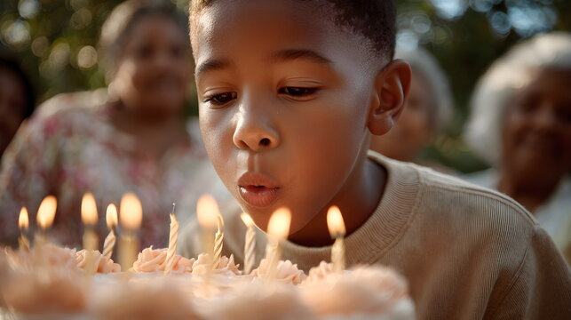 African-American boy blowing out birthday candles on cake, joyful family celebration