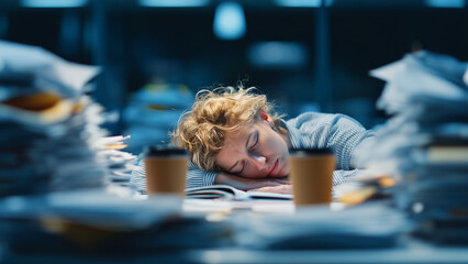 Overworked employee asleep at desk with coffee cups