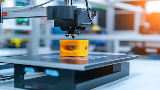 3D Printer Crafting a Yellow Object in a High-Tech Laboratory - Powered by Adobe
