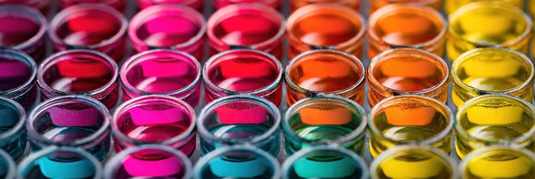 A collection of glass vials filled with liquids in various vibrant colors neatly arranged in rows on a laboratory table, showcasing vibrant hues.