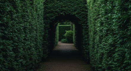 A pathway through a meticulously manicured hedge maze, showcasing the dense, deep green foliage and a sense of mystery.