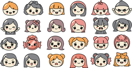 Cartoon face collection with diverse expressions in colorful vector style