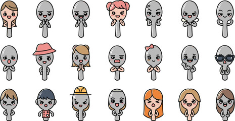 Collection of cute cartoon spoons with varying facial expressions and hairstyles on a cream background.