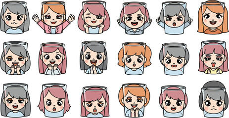 Cartoon girls show different expressions inside jars. Vector art