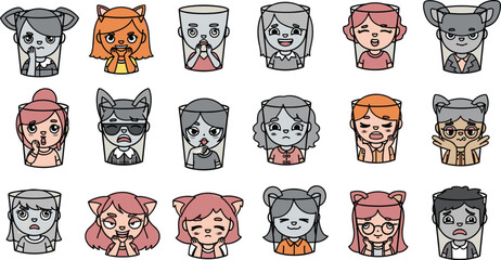 Cartoon characters with various emotions and animal features in clear glass containers