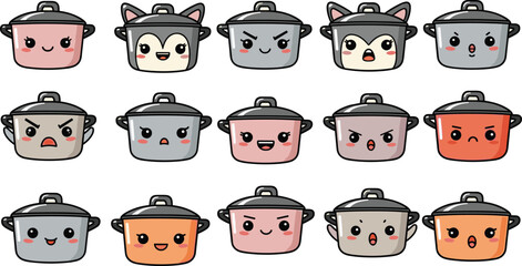 Cartoon pots with faces collection: happy, angry, surprised, and cute