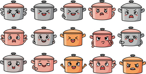 Cartoon pots express various emotions, including happiness, anger, and sadness