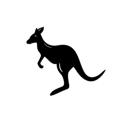 Black silhouette of a kangaroo in vector style, isolated on white, with simple cartoon-like features, flat animal silhouette icon