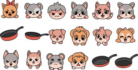 Collection of cartoon animal characters and cookware in a playful, lighthearted style.