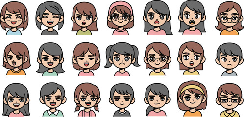 Cartoon faces: Twenty-one diverse characters with varied expressions, hairstyles, and clothing in a simple vector style.