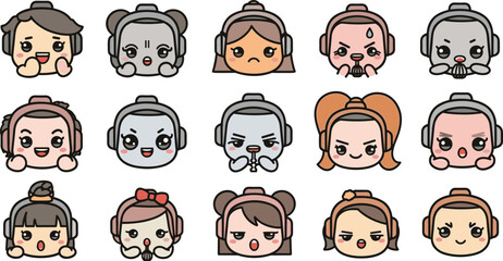 Cartoon characters with headphones expressing various emotions in a flat design style