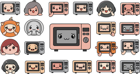 Kawaii microwave collection: Cartoon microwaves display different emotions.
