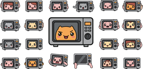 Cartoon microwaves show emotions with faces inside appliance