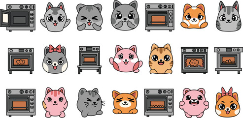 Cartoon cats and ovens arranged in a pattern