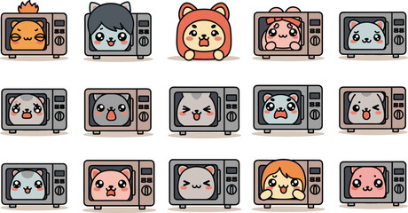 Cartoon animals and human faces in microwave ovens with various expressions