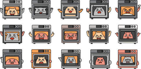 Ovens with cartoon cats showing various emotions. Baking cats vector illustration.