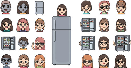 Cartoon faces surround a refrigerator with varying expressions. Vector illustration