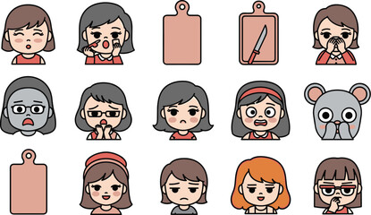 Cartoon character set displays various emotions and objects in playful style