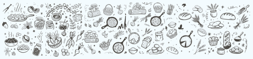 A Whimsical Collection of Hand-Drawn Home Decor and Culinary Elements Embodying the Spirit of Togetherness and Gratitude