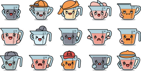 Measuring cups cartoon with various expressions and hats illustration