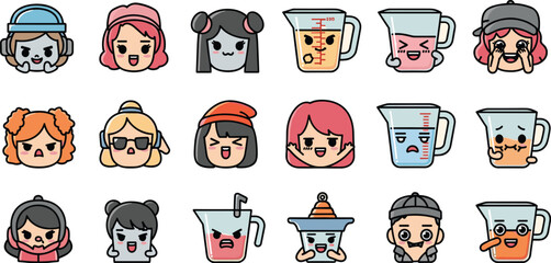 Set of kawaii cartoon faces and measuring cups with varied emotional expressions and designs