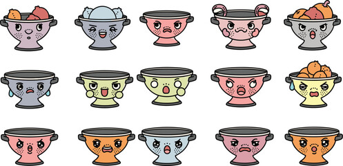 Cartoon colanders show emotions, expressions with fruit and vegetables