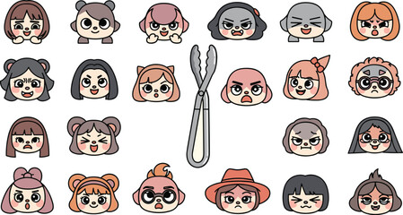 Cartoon faces with expressions, plus kitchen tongs illustration