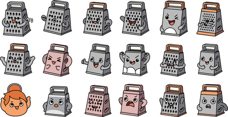 Cartoon graters with faces express various moods in a quirky collection