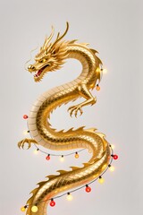 Fototapeta premium A surreal artwork of a golden dragon curling, its shimmering body extending outside in festive light, minimalist
