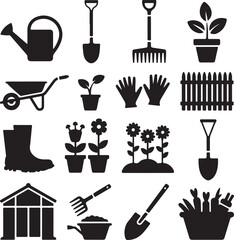 Fototapeta premium Assortment of sixteen black and white gardening tools and plants icons watering can shovel