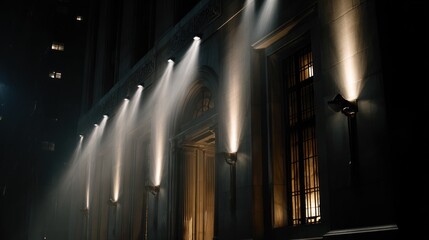 Fototapeta premium Building facade at night with strong spotlights beaming upwards