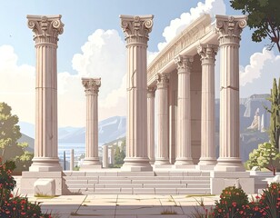 A serene, sunlit vista of a classical, ruined temple, framed by columns and a cityscape.