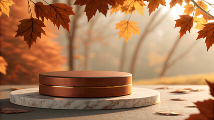 Autumnal display podium with fall leaves and sunlight.