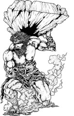 Grayscale vector image of Zeus lifting a large rock, with smoke and dust billowing around his body.