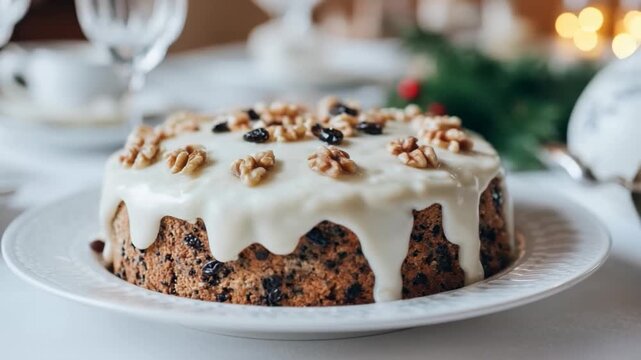 Rich fruitcake topped with creamy icing, garnished with walnuts and raisins for a festive touch, ideal for winter holidays or a cozy gathering centerpiece