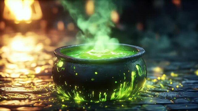 Glowing green potion in a dark cauldron with steam rising a dramatic fantasy illustration